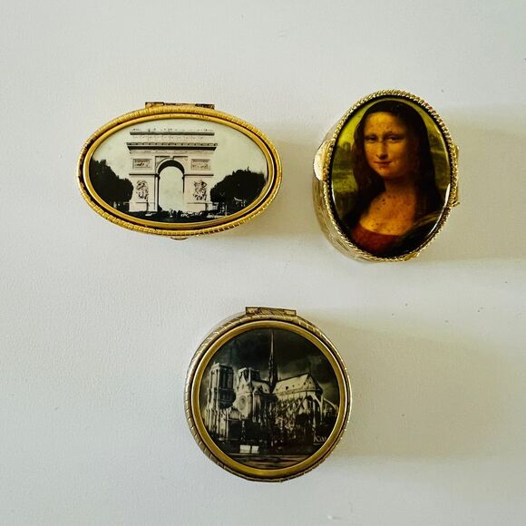 Vintage Antique French Small Round Oval Trinket Jewelry Pill Box - Set of 3 - Picture 1 of 3